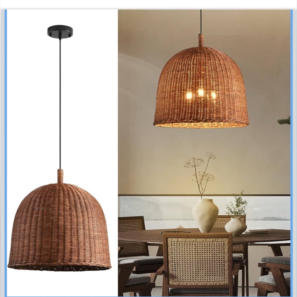 NIB 3-Light Pendant 17.7" Rattan Chandelier Hand-Woven Wicker Dark Curry Brown